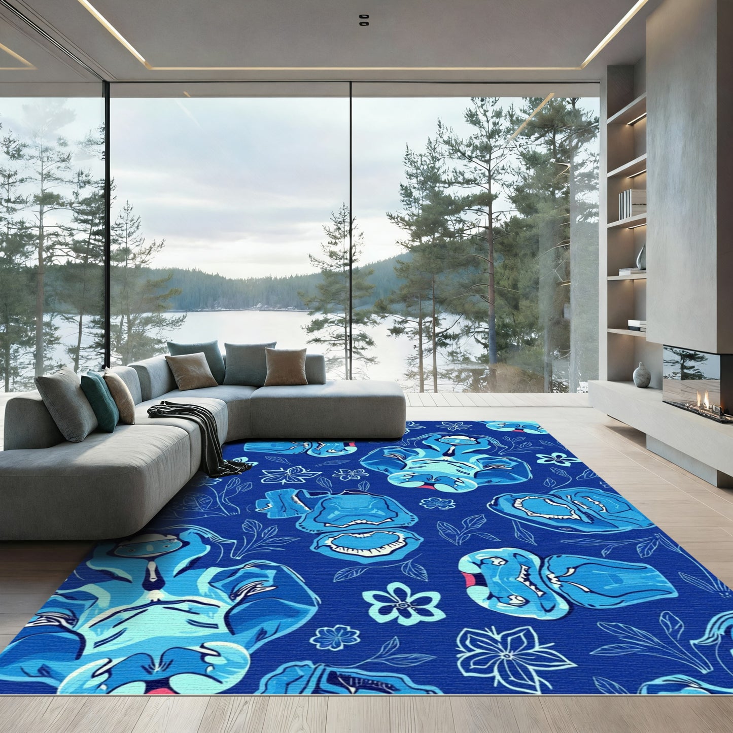 Deep Blue Abstract Figures Flowers Rug