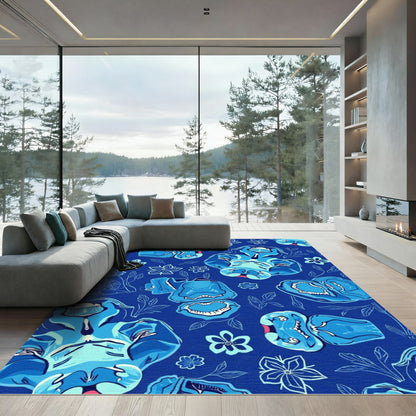 Deep Blue Abstract Figures Flowers Rug