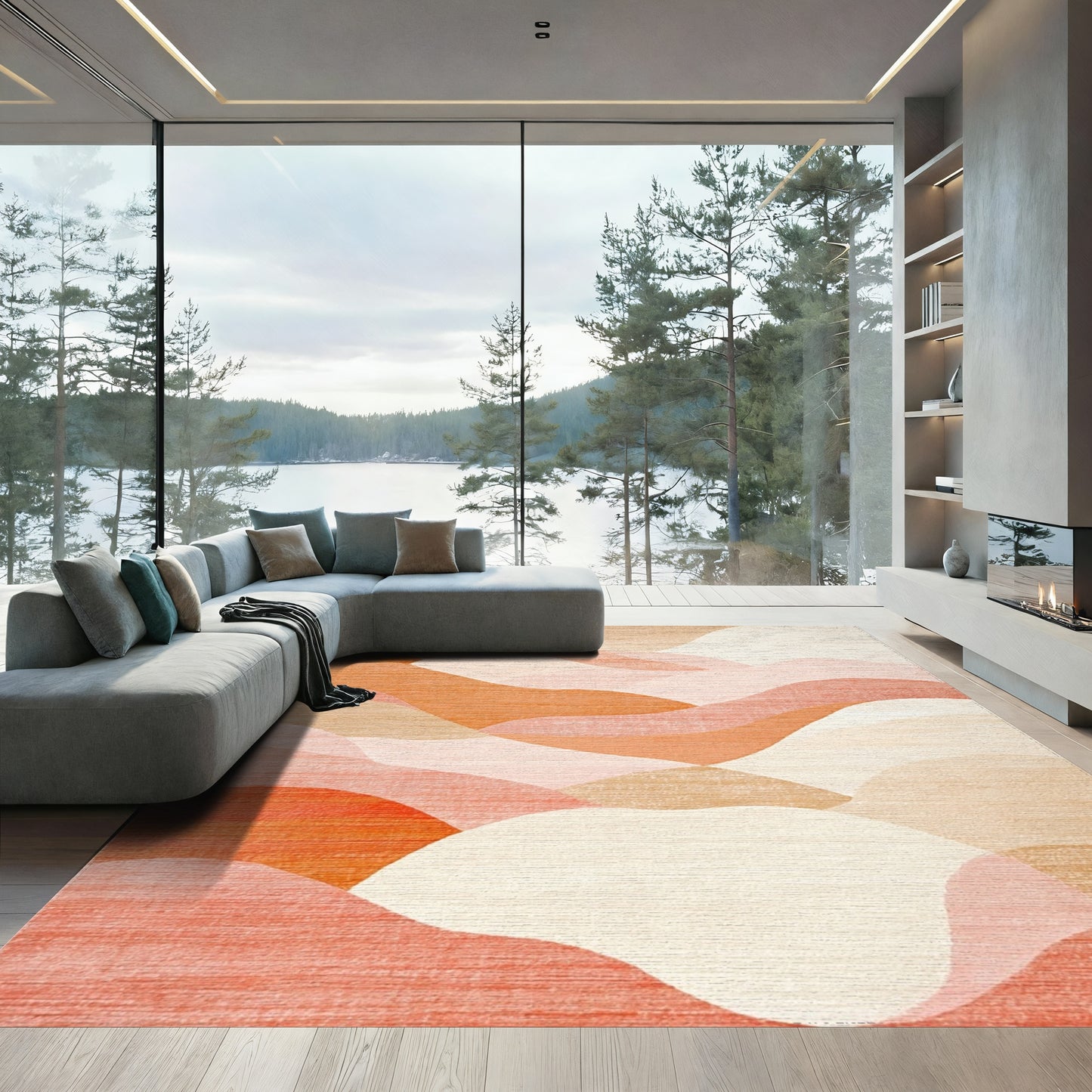Abstract Coral Layered Waves Rug