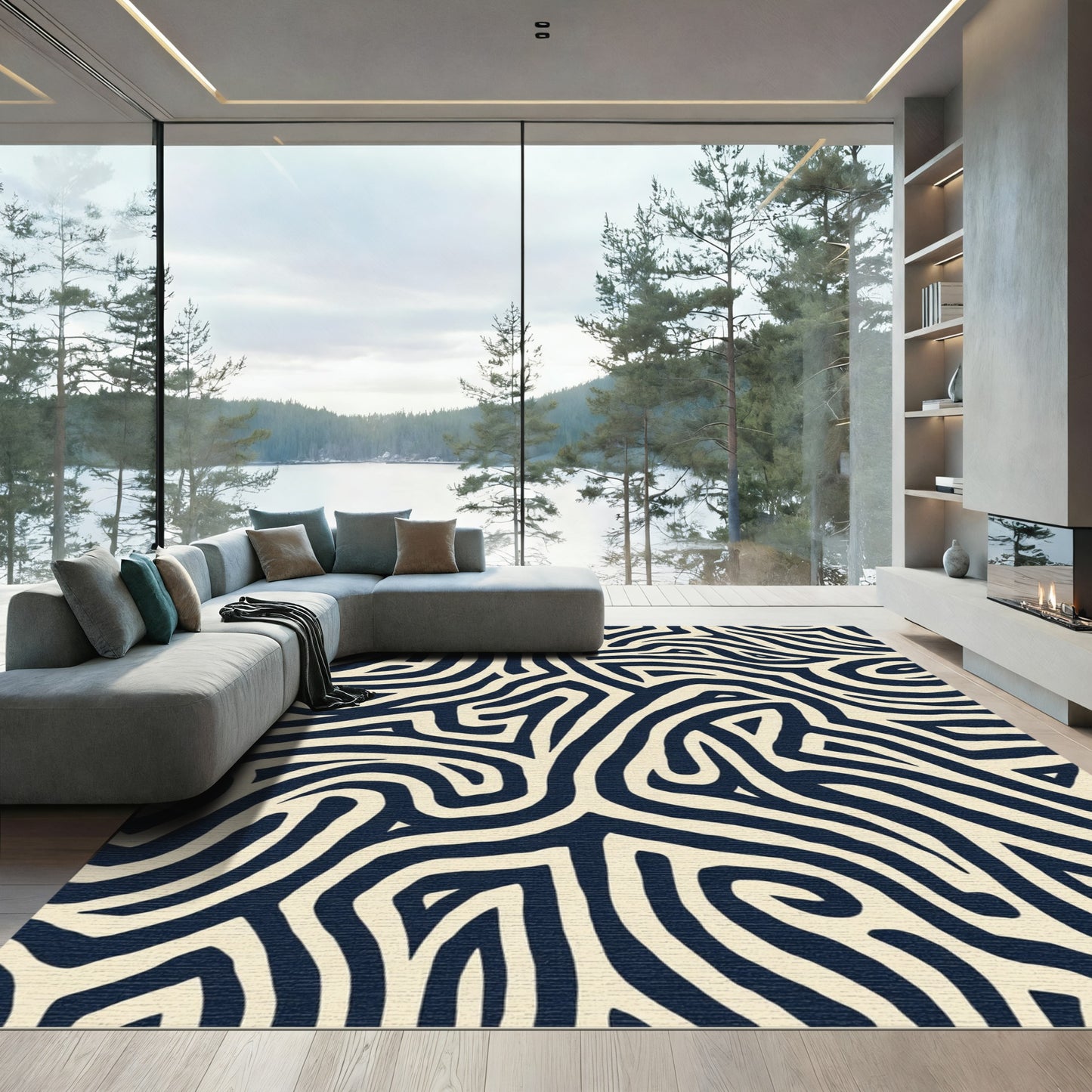 Deep Navy Ivory Abstract Maze Rug
