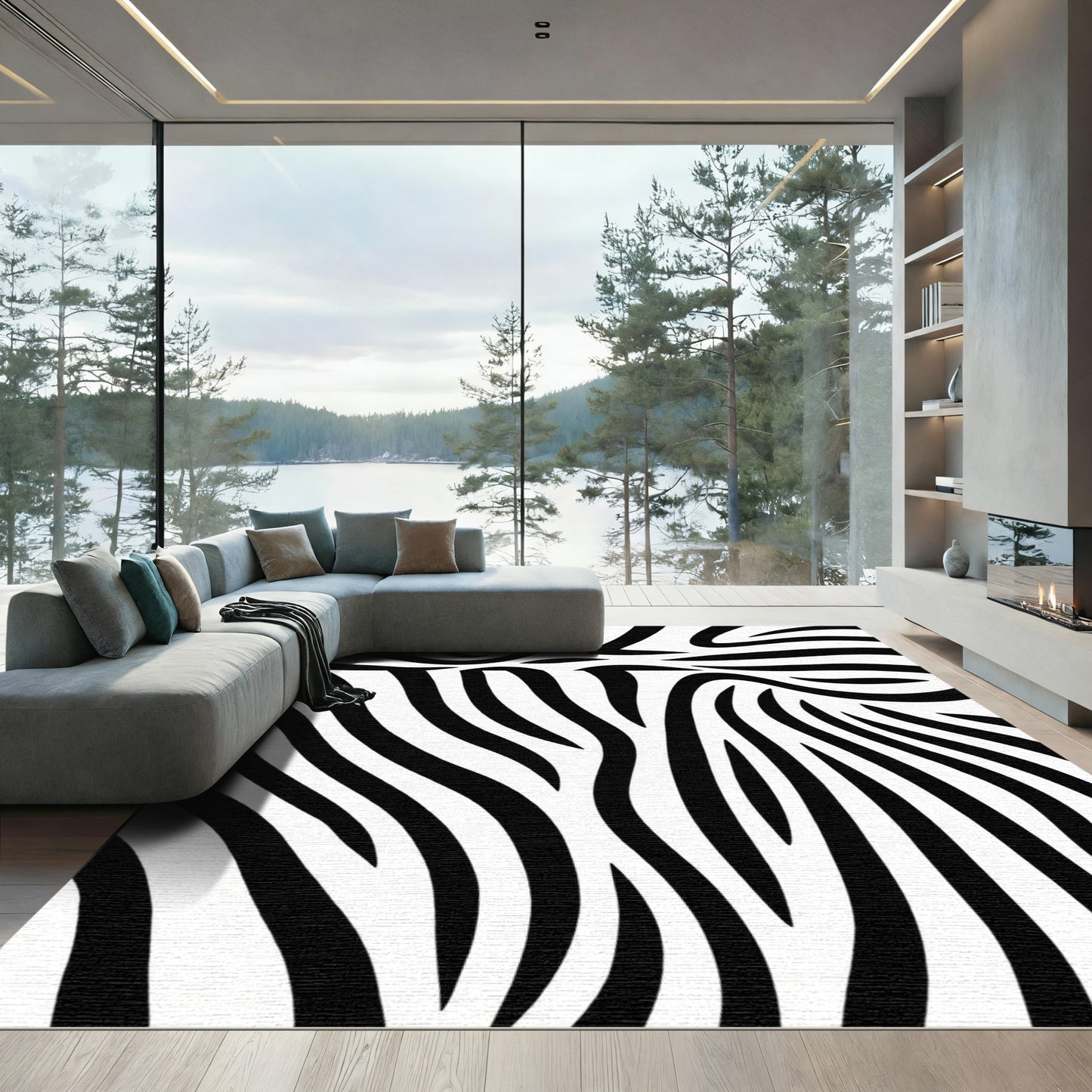 Abstract Black White Wavy Stripes Rug