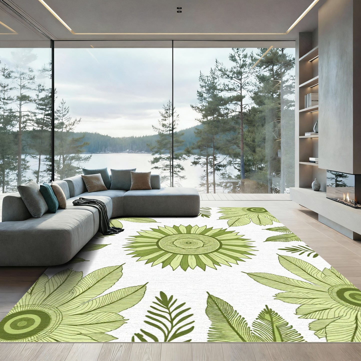 Green Floral Medallion Leafy Border Rug