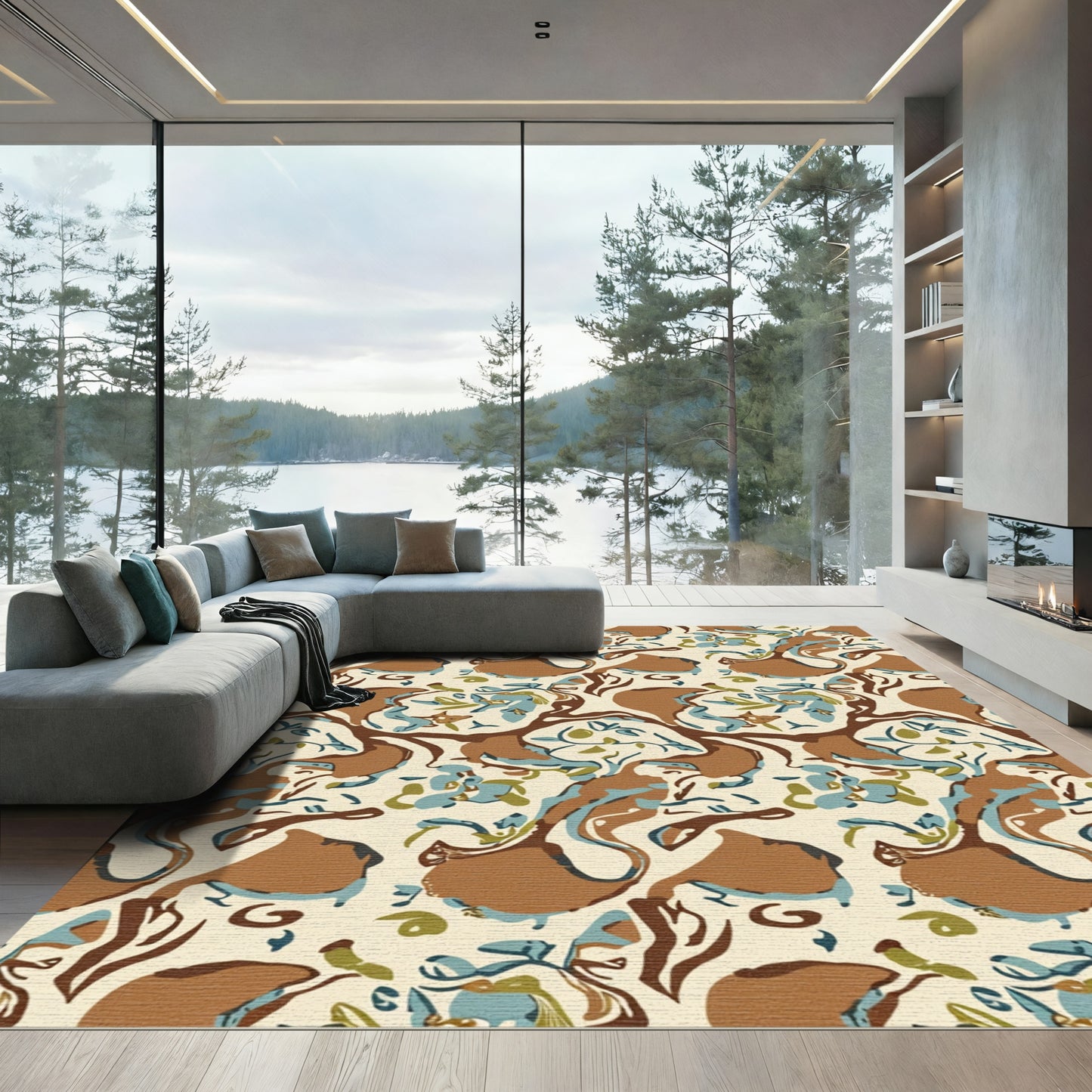 Abstract Brown Blue Curved Organic Rug