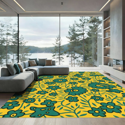 Emerald Green Floral Vine Yellow Background Rug