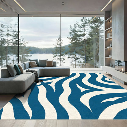 Deep Blue Cream Curved Swirl Rug