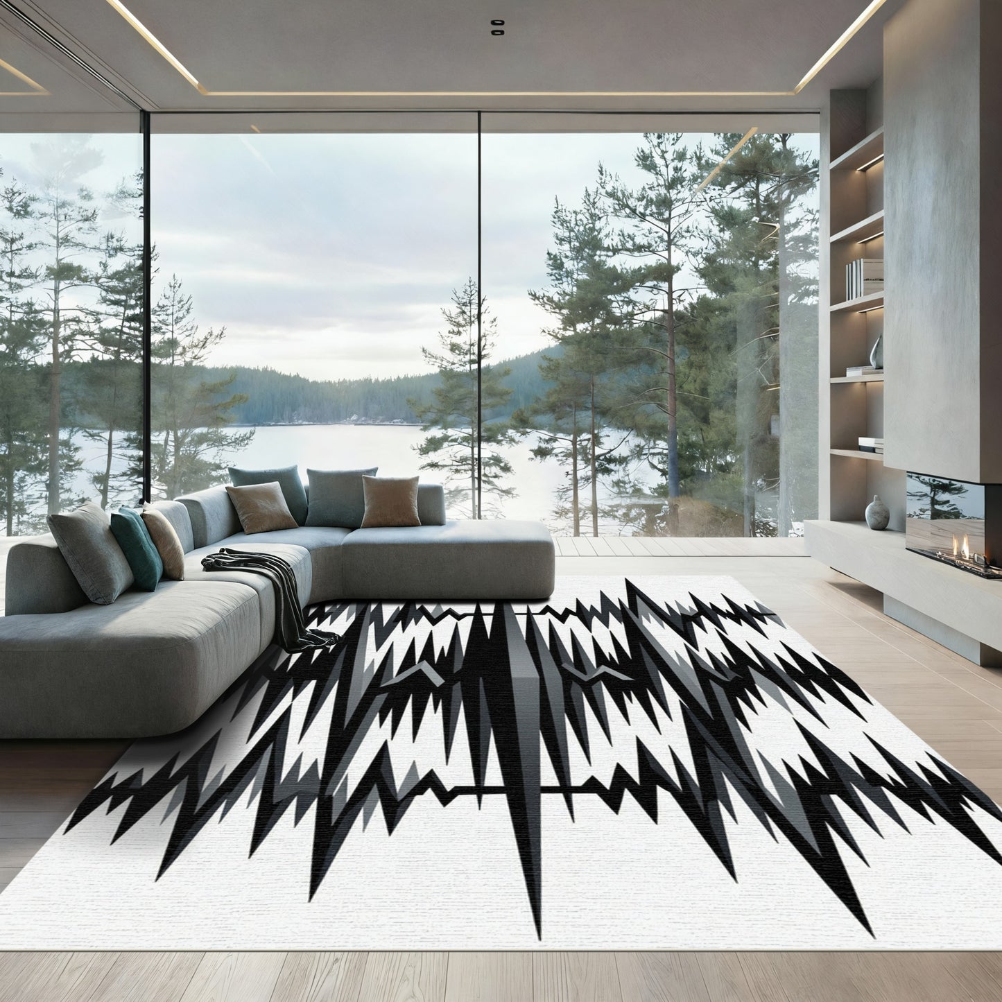 Monochrome Jagged Peaks Abstract Rug