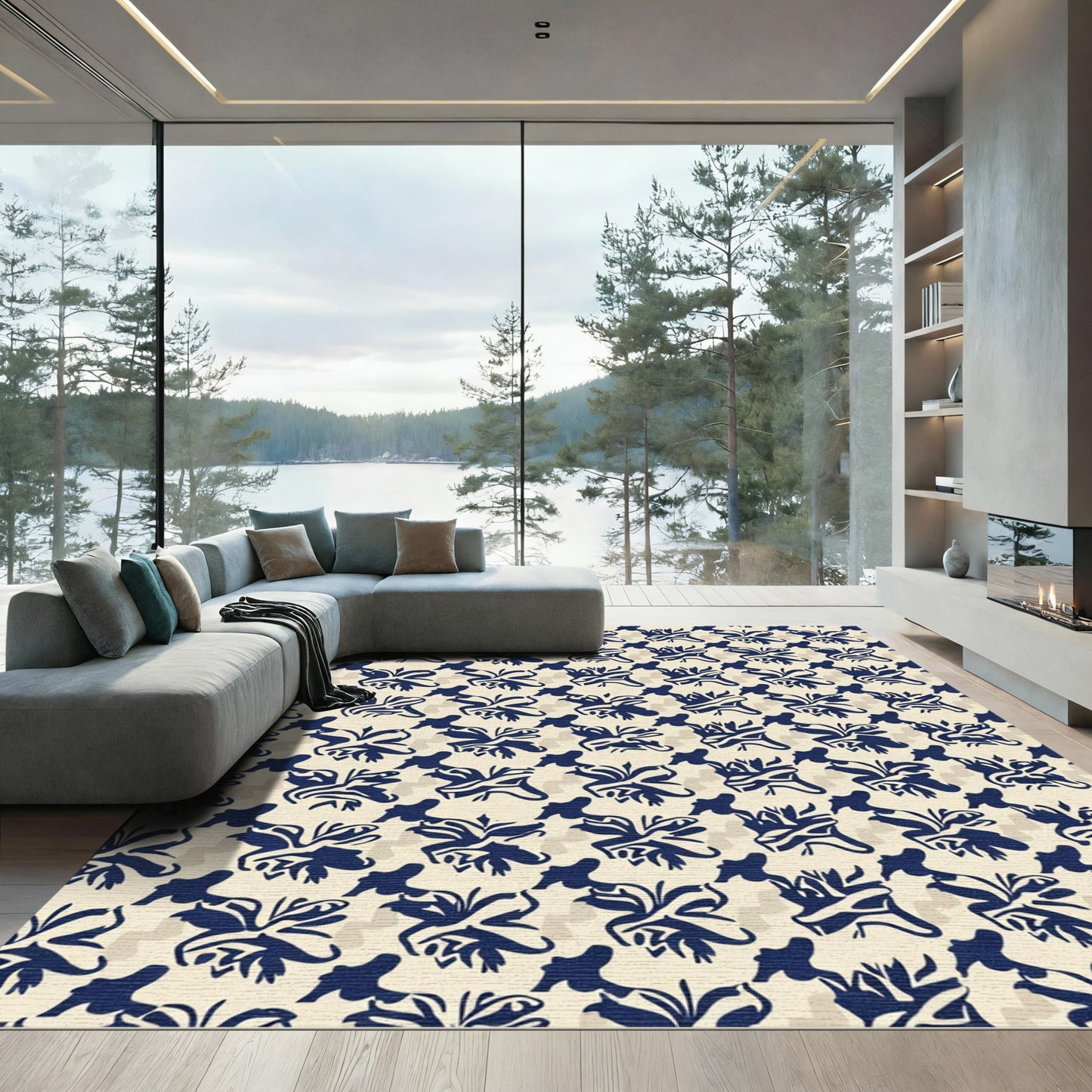 Navy Blue Floral Scroll Arrangement Rug