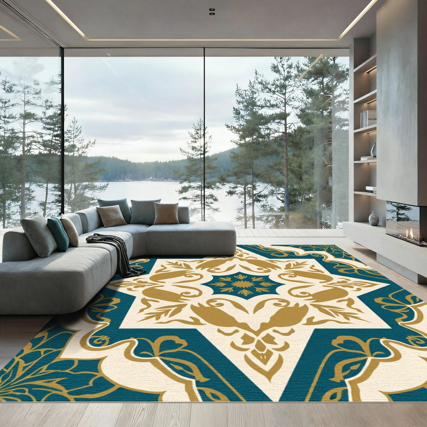 Deep Teal Gold Floral Starburst Rug