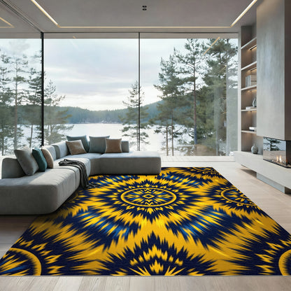 Golden Blue Radial Sunburst Rug