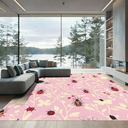 Pink Ladybug Butterfly Floral Vines Rug