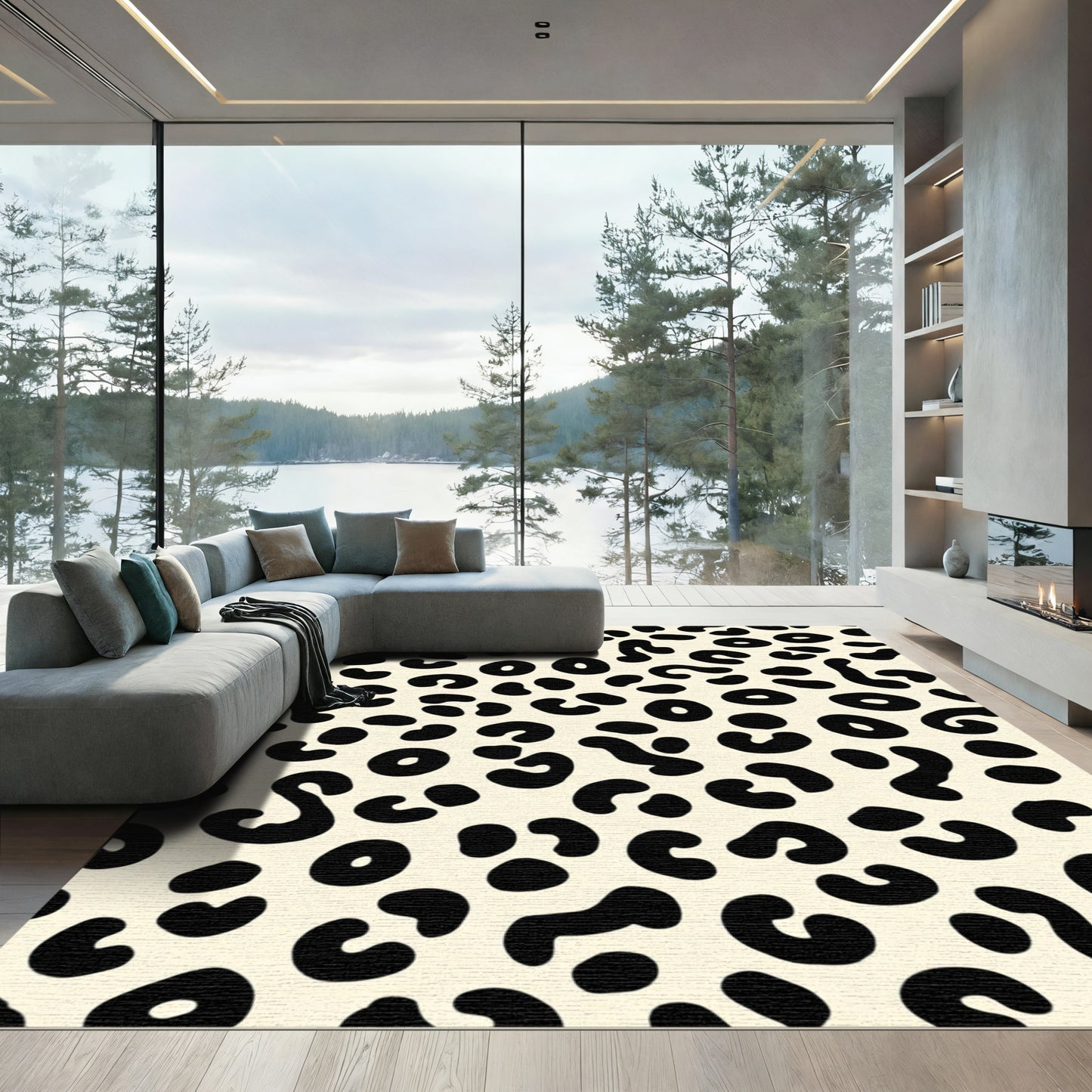 Cream Black Leopard Spots Rug