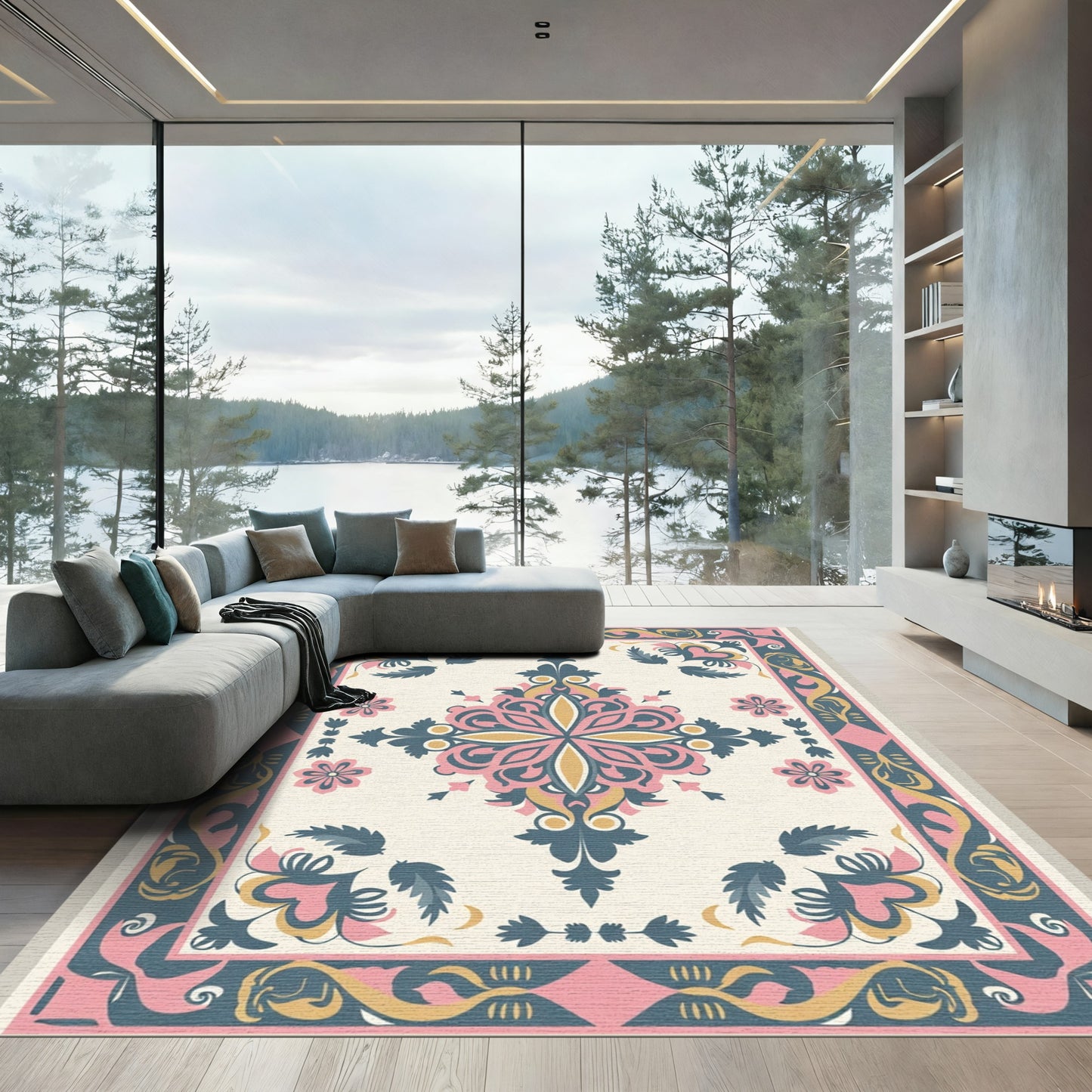 Pink Yellow Teal Medallion Border Rug