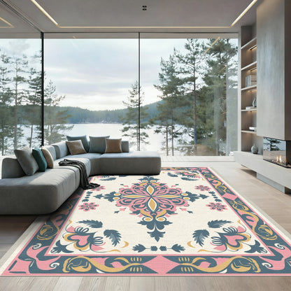 Pink Yellow Teal Medallion Border Rug