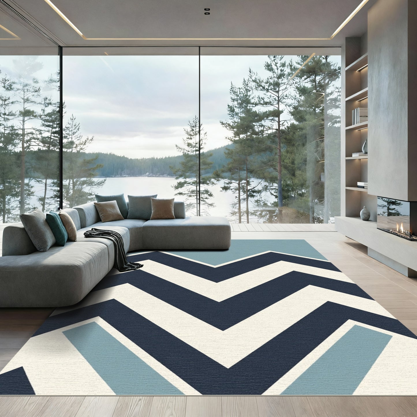 Navy Cream Blue Geometric Zigzag Rug