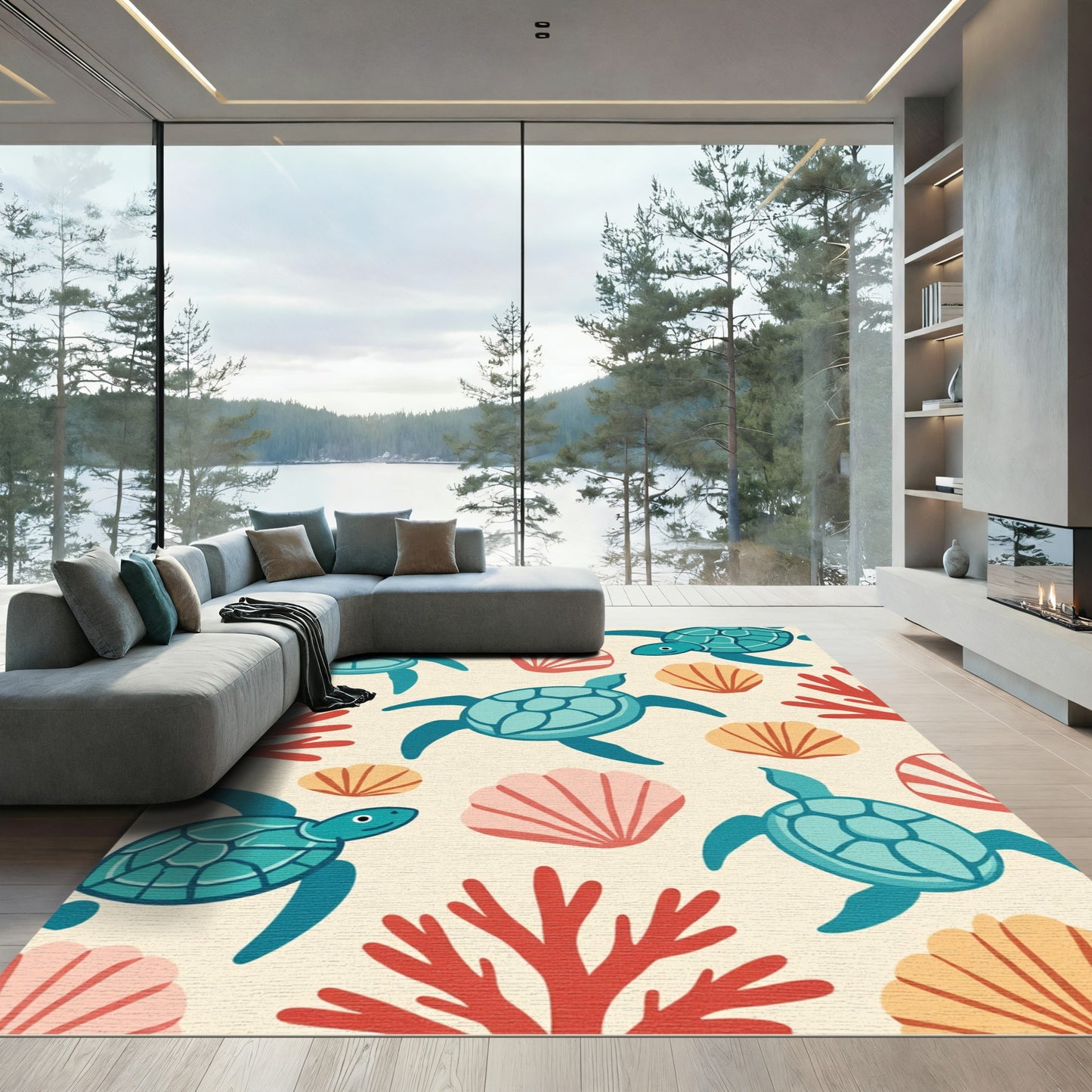 Oceanic Teal Sea Turtle Coral Shells Rug