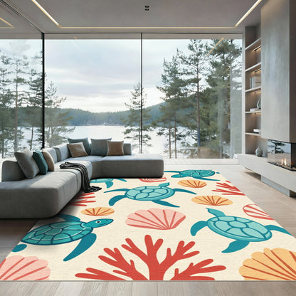 Oceanic Teal Sea Turtle Coral Shells Rug
