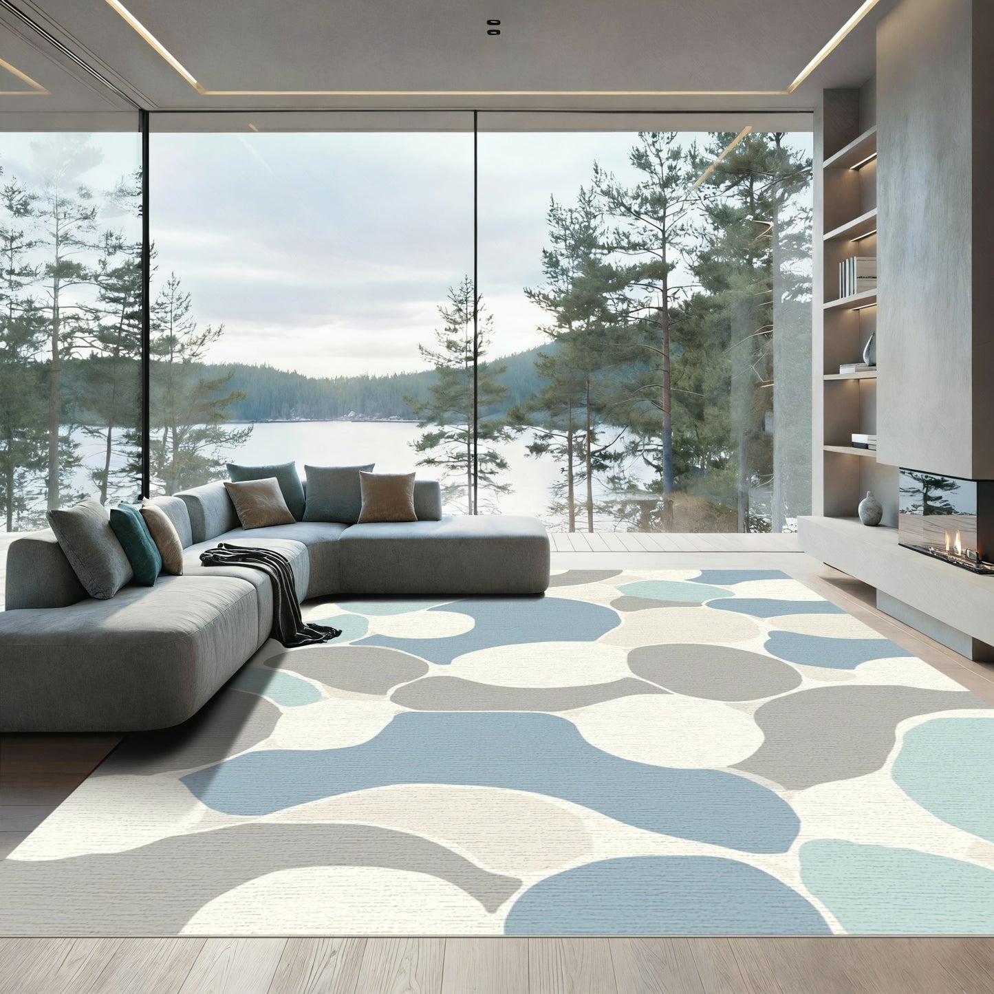 Abstract Pebbles Blue Gray White Rug