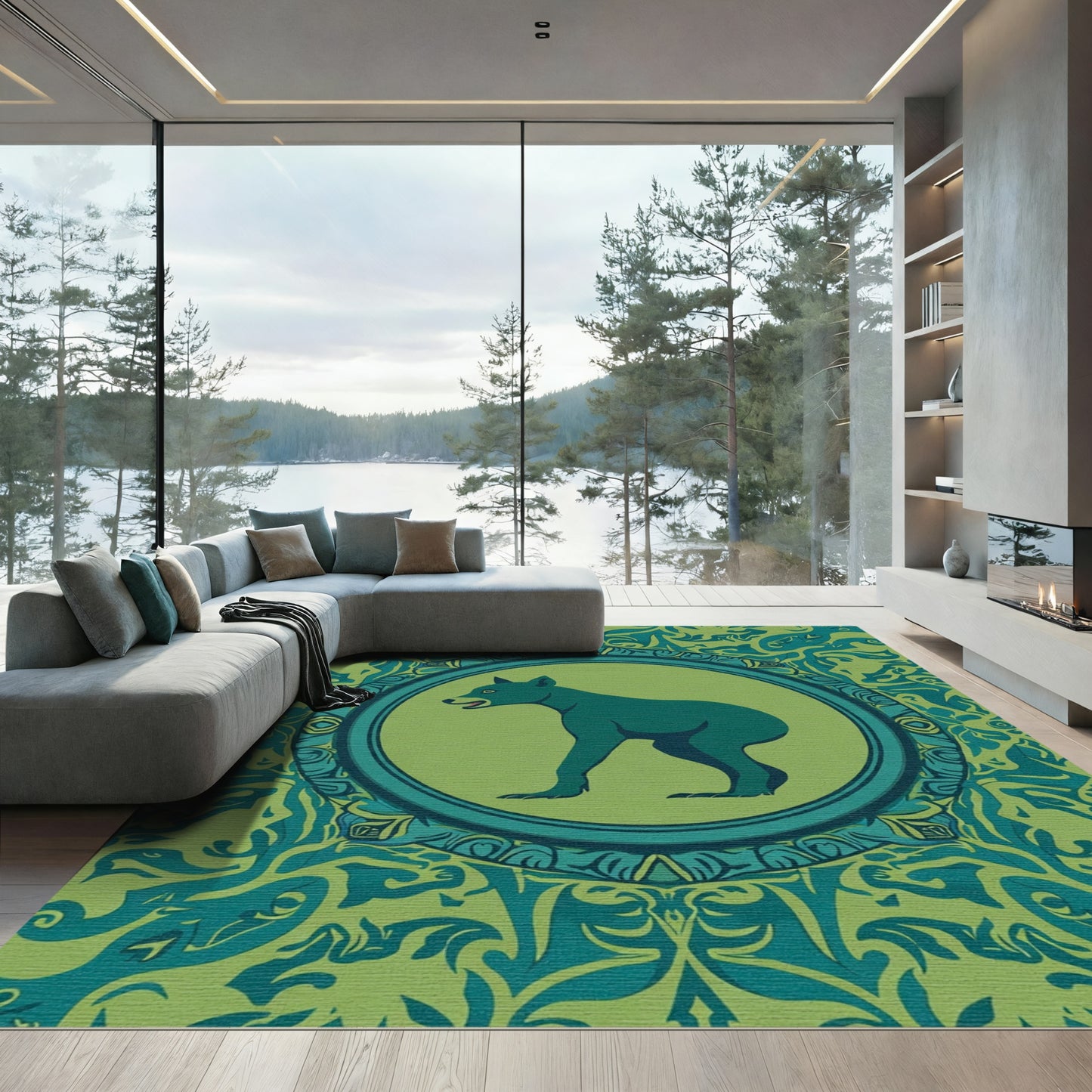 Green Wolf Medallion With Forest Border Rug