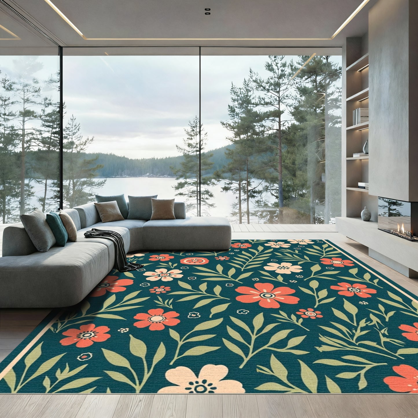 Coral and Cream Floral Garden Rug