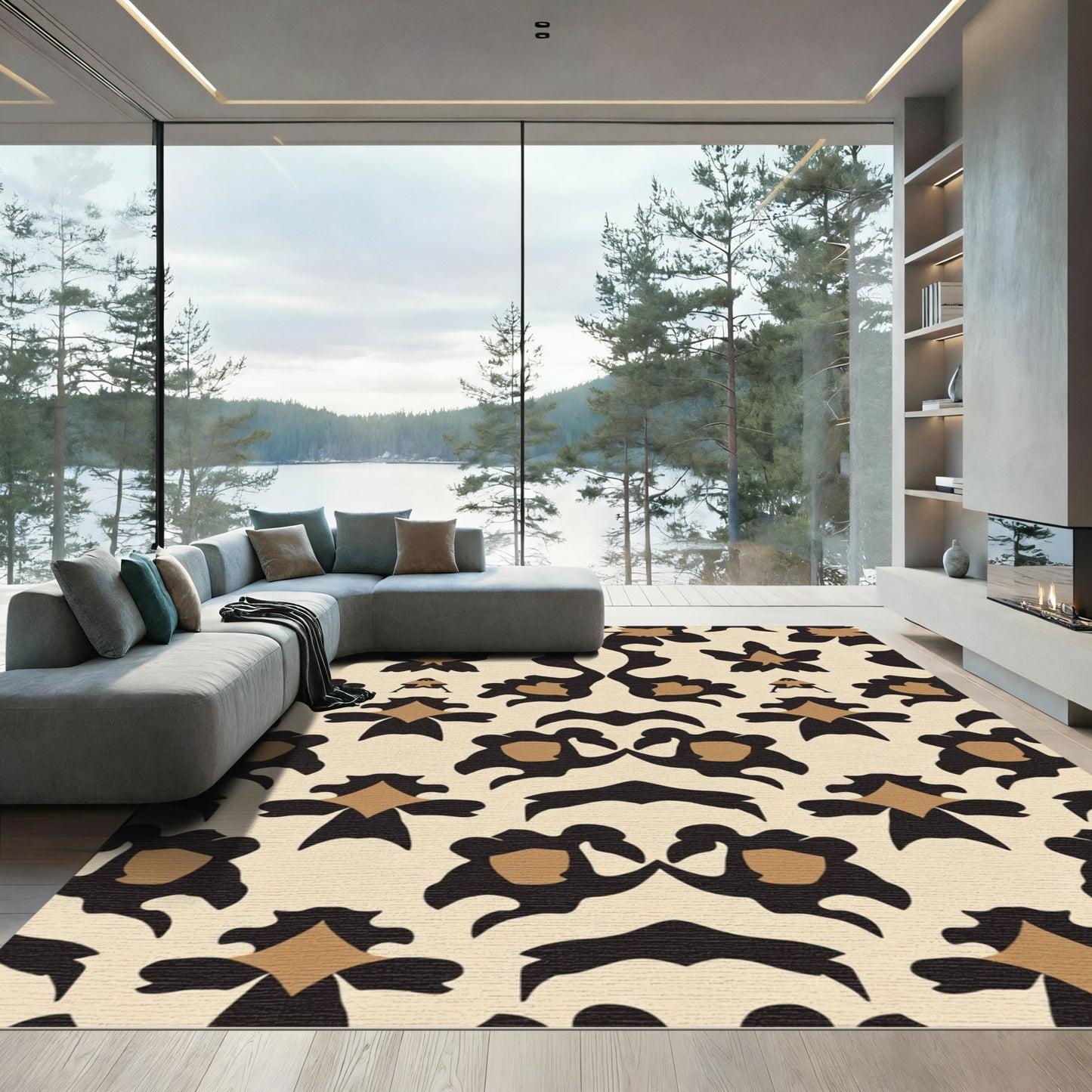 Caramel Black Floral Symmetry Rug
