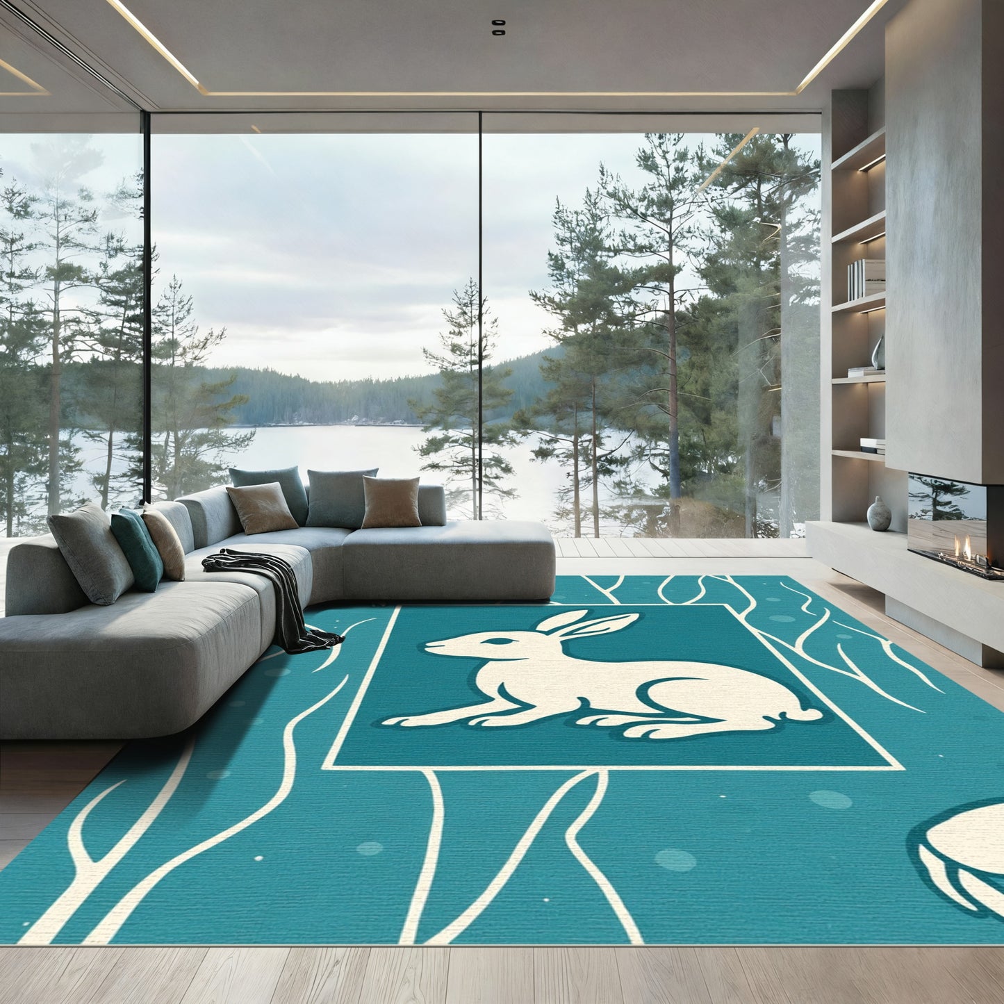 Cream Rabbit Teal Nature Scene Rug