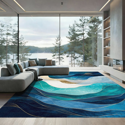 Navy Teal Gold Abstract Waves Rug