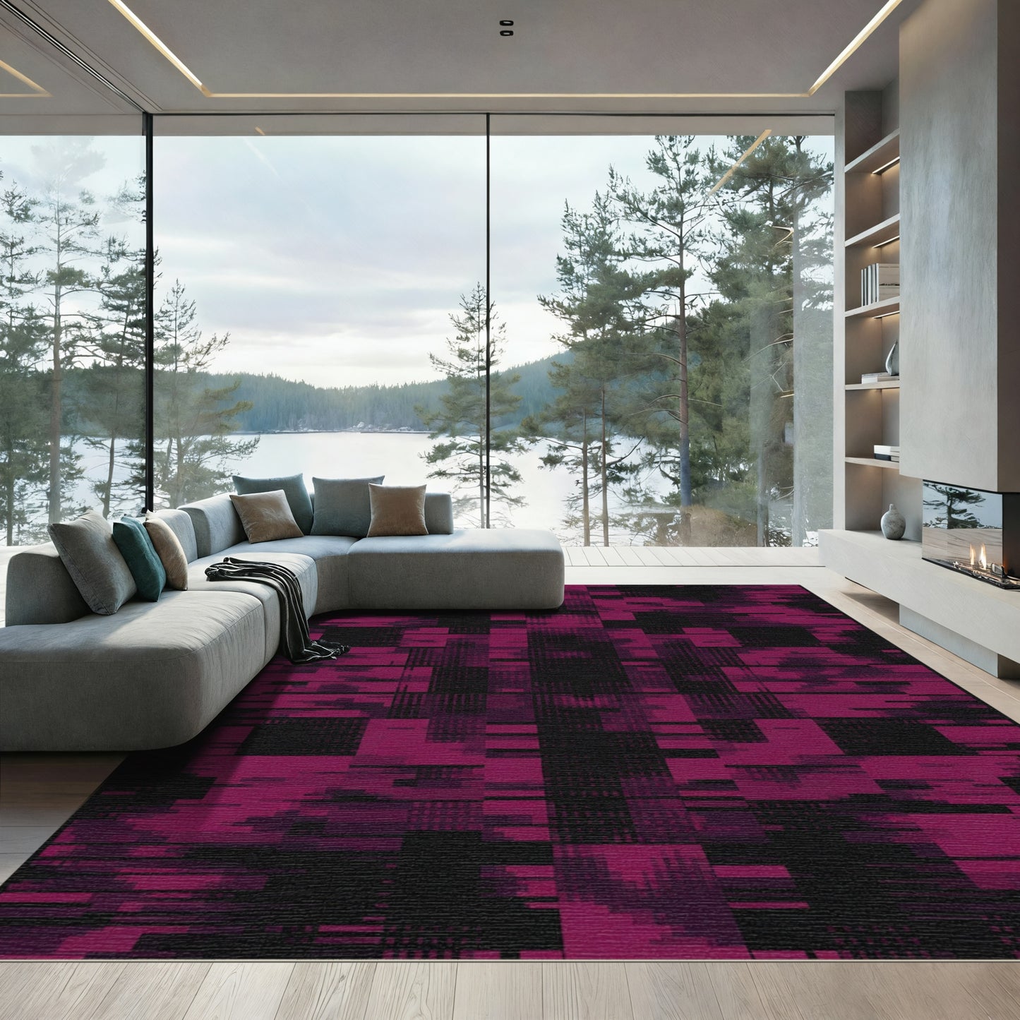 Deep Magenta Glitched Geometric Fragment Rug