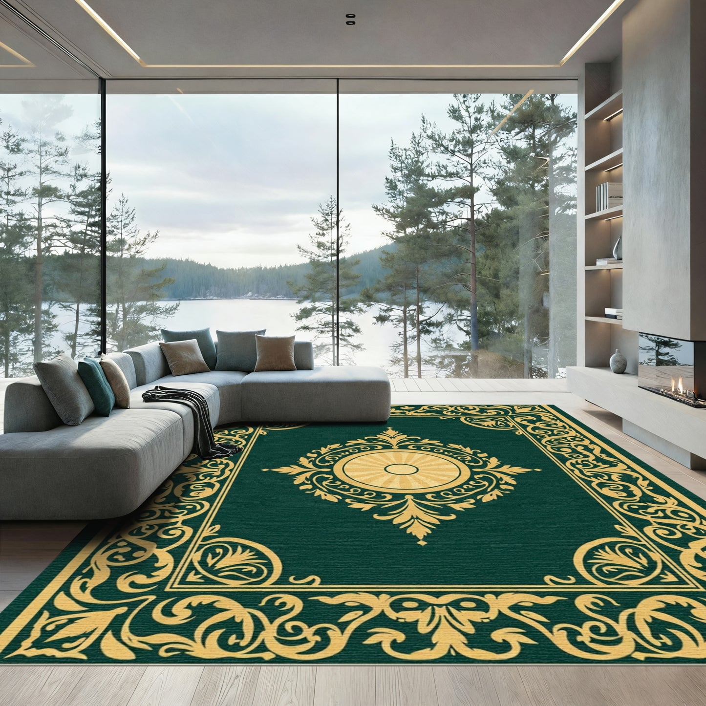 Emerald Golden Baroque Scroll Medallion Rug
