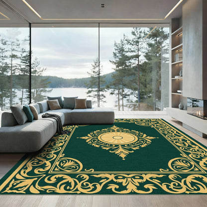 Emerald Golden Baroque Scroll Medallion Rug