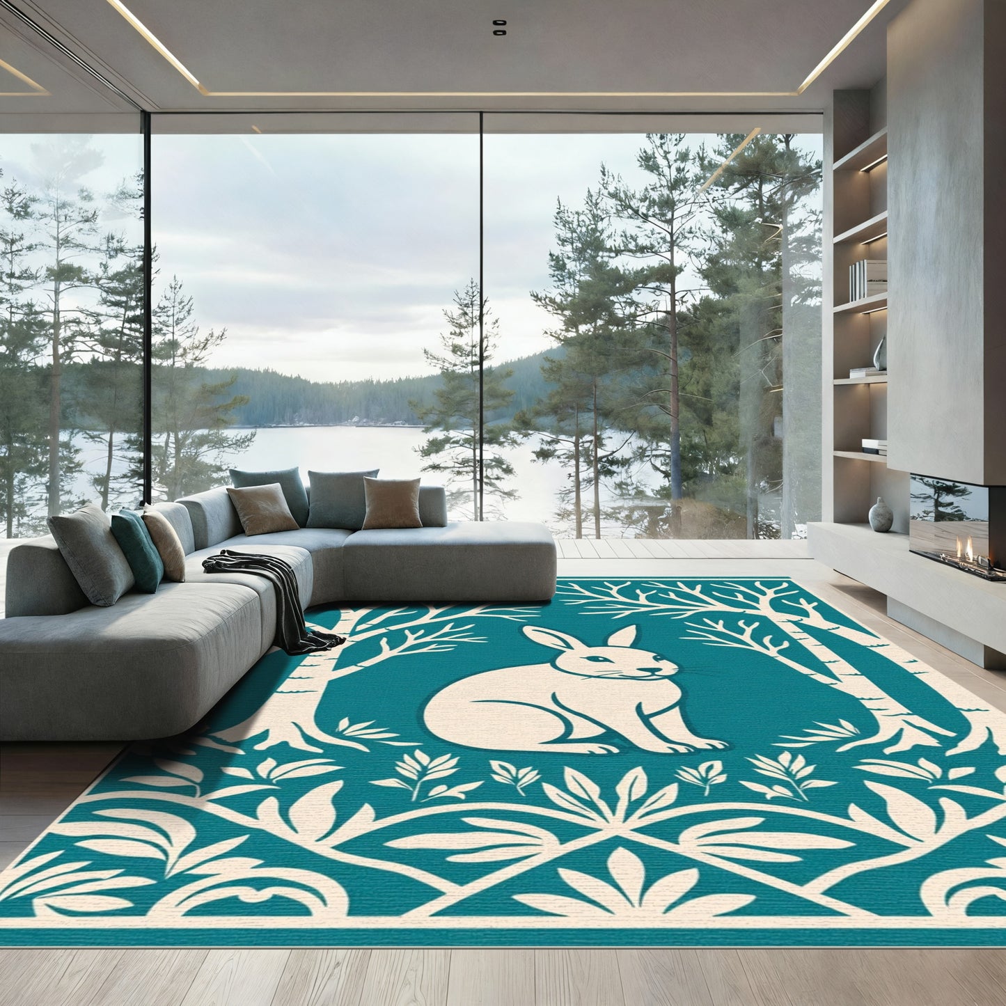 Teal White Rabbit Forest Scene Rug