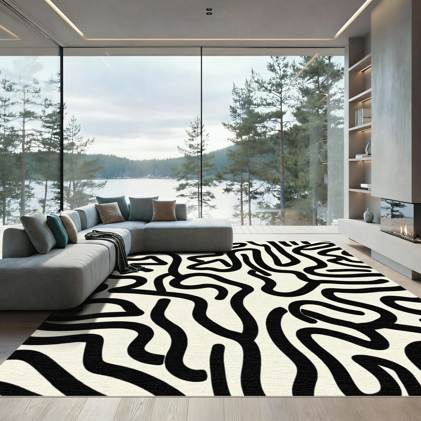 Abstract Black Labyrinth Cream Rug