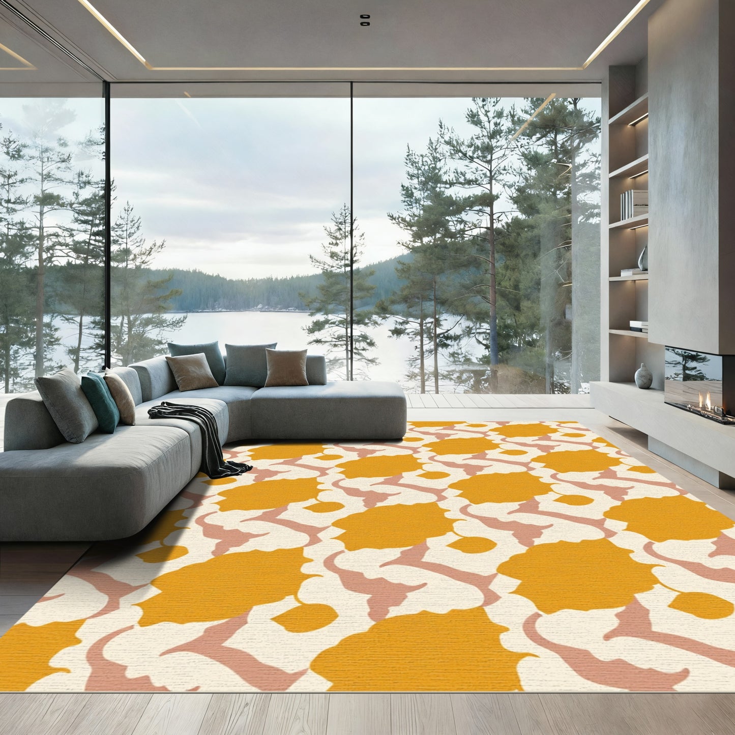 Yellow Ochre Abstract Floral Composition Rug