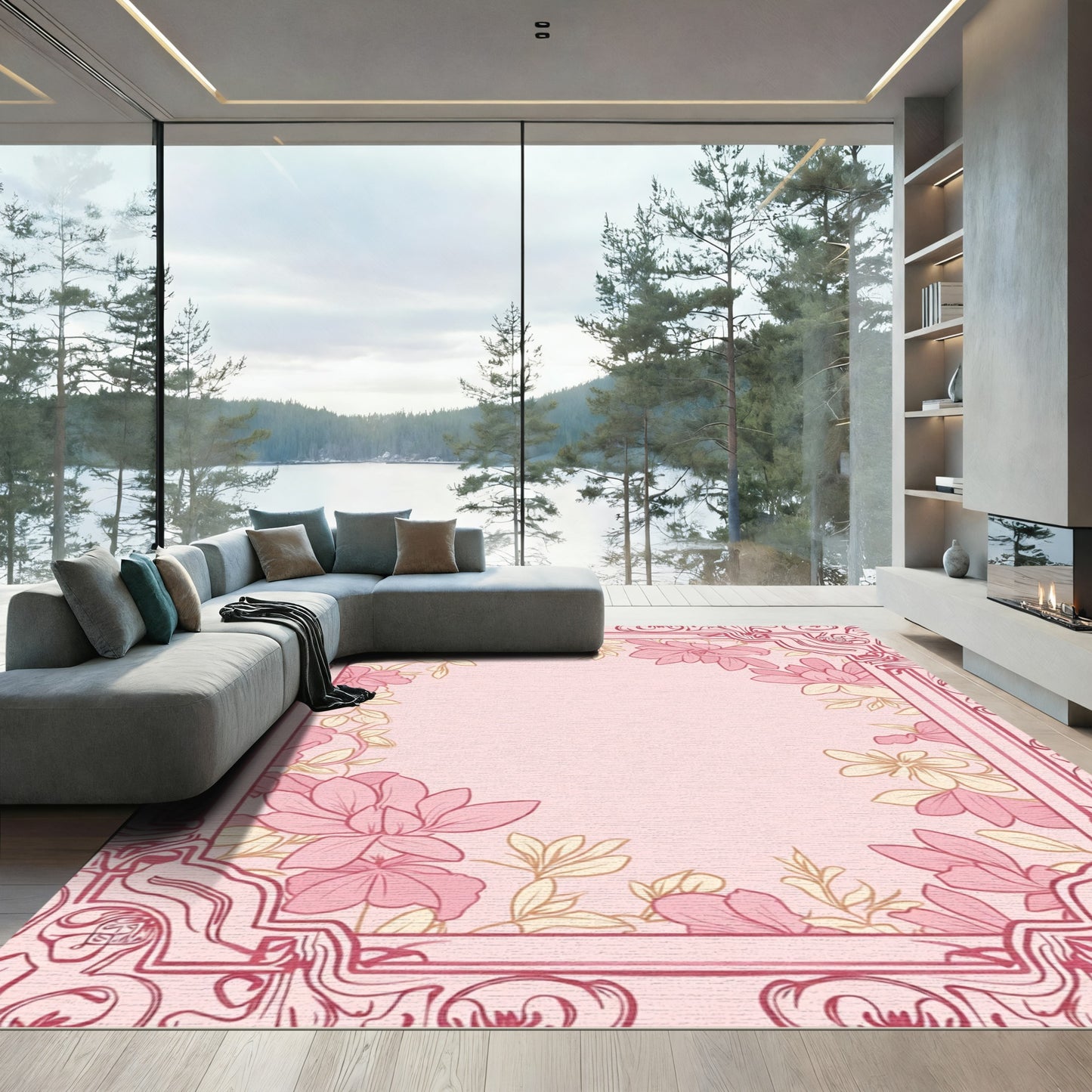 Pale Pink Floral Border Art Nouveau Rug