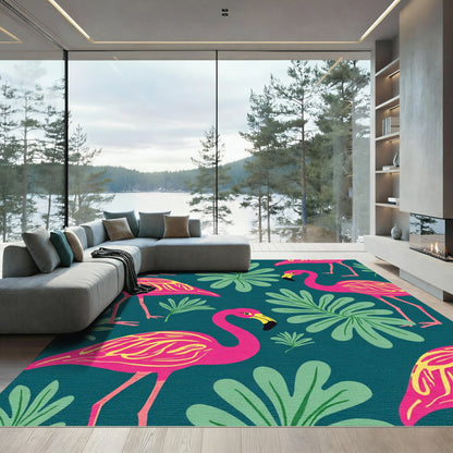 Hot Pink Flamingo Tropical Foliage Rug