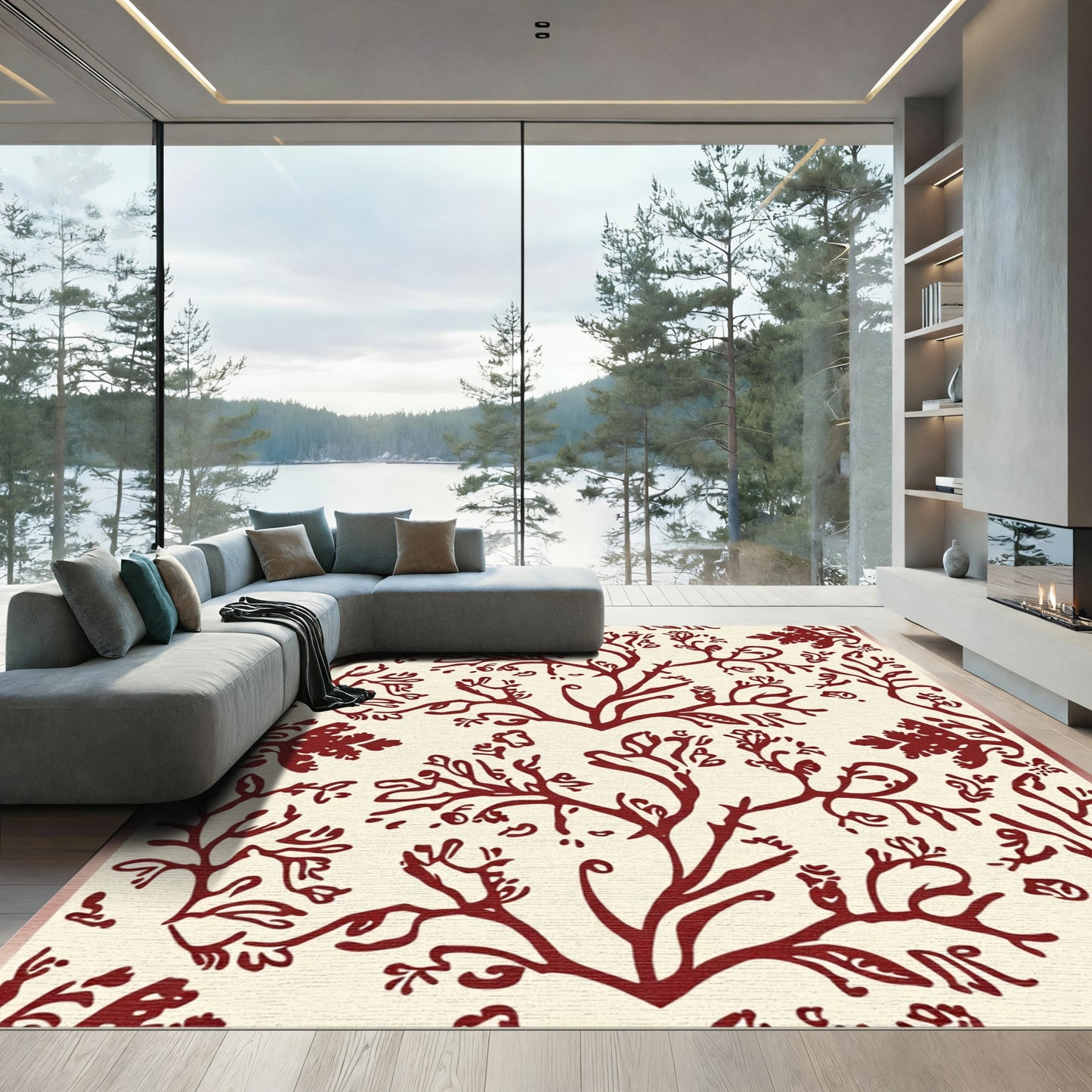 Deep Red Branching Botanical Pattern Rug