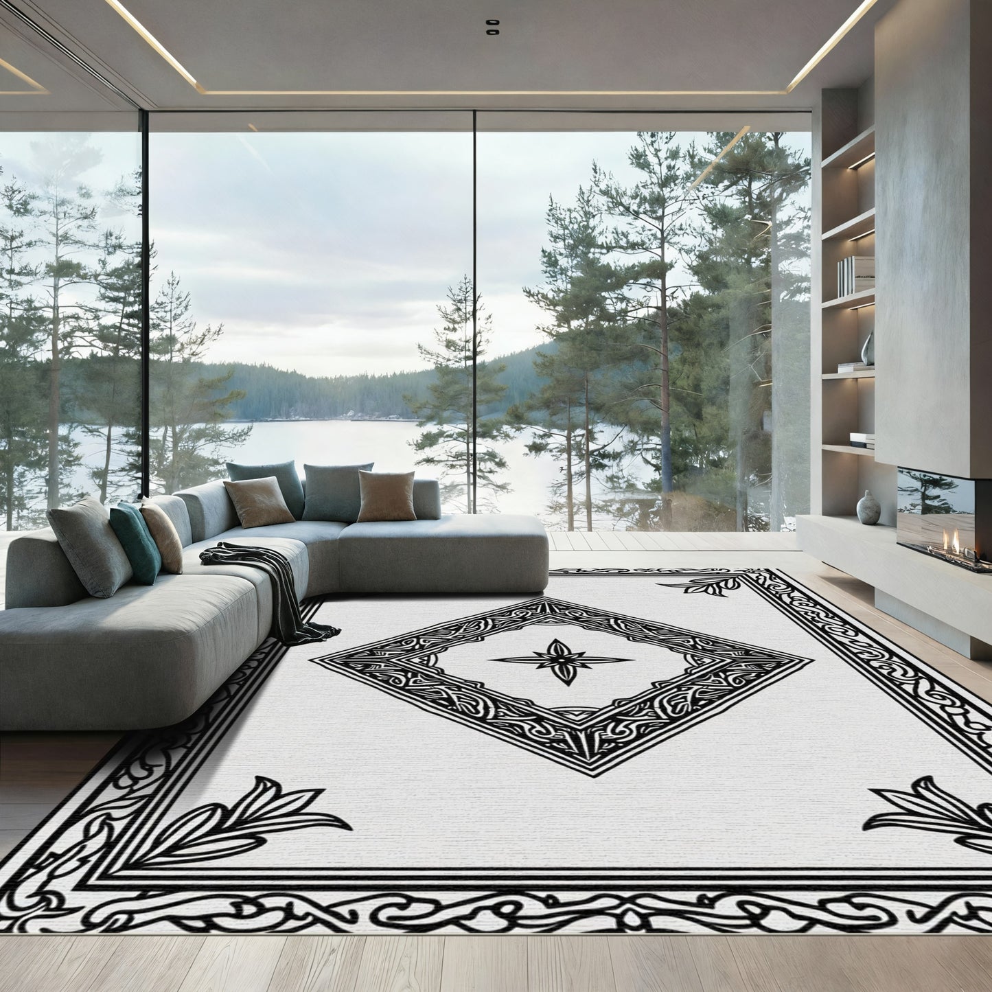 Black White Ornate Diamond Border Rug