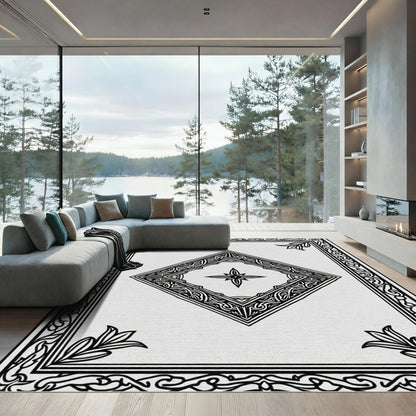 Black White Ornate Diamond Border Rug