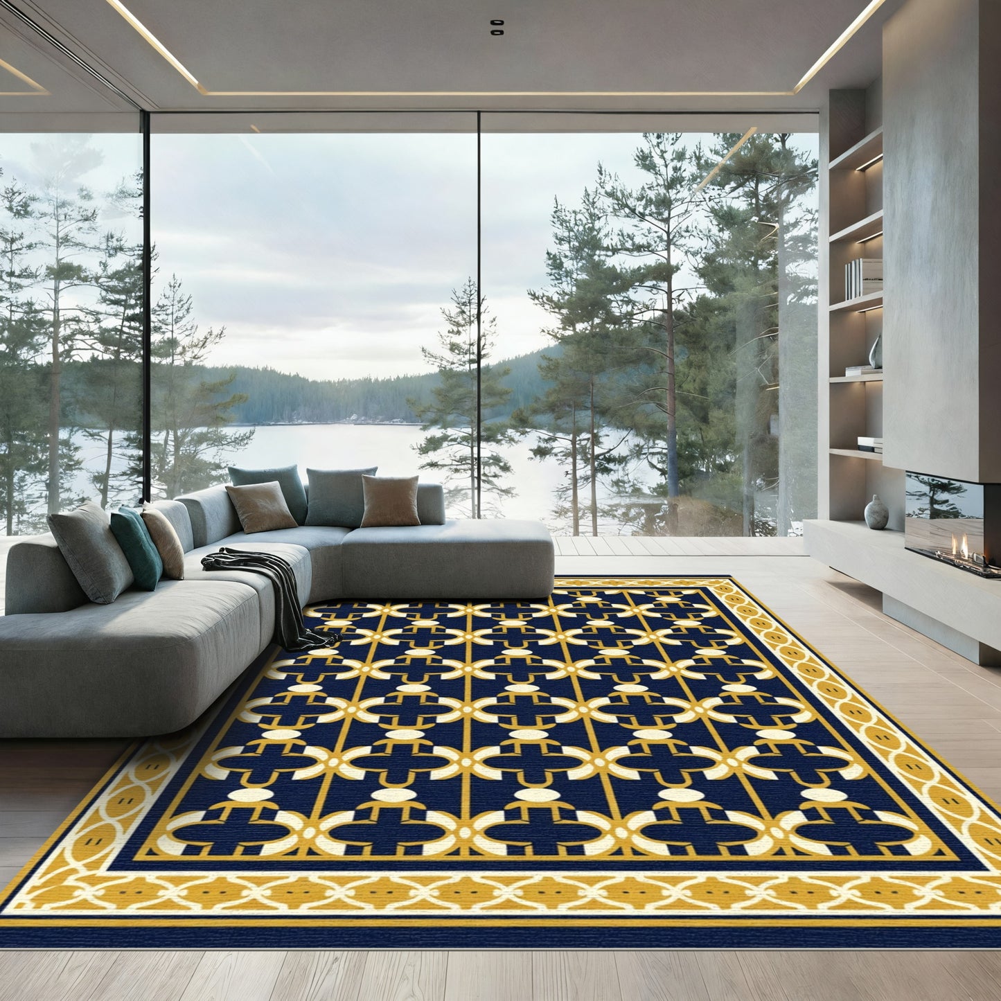 Navy Yellow Geometric Lattice Rug