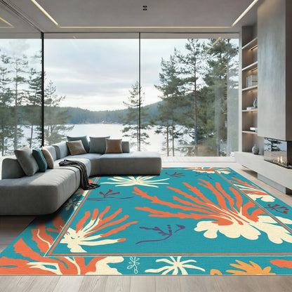 Teal Coral Burst Floral Abstraction Rug