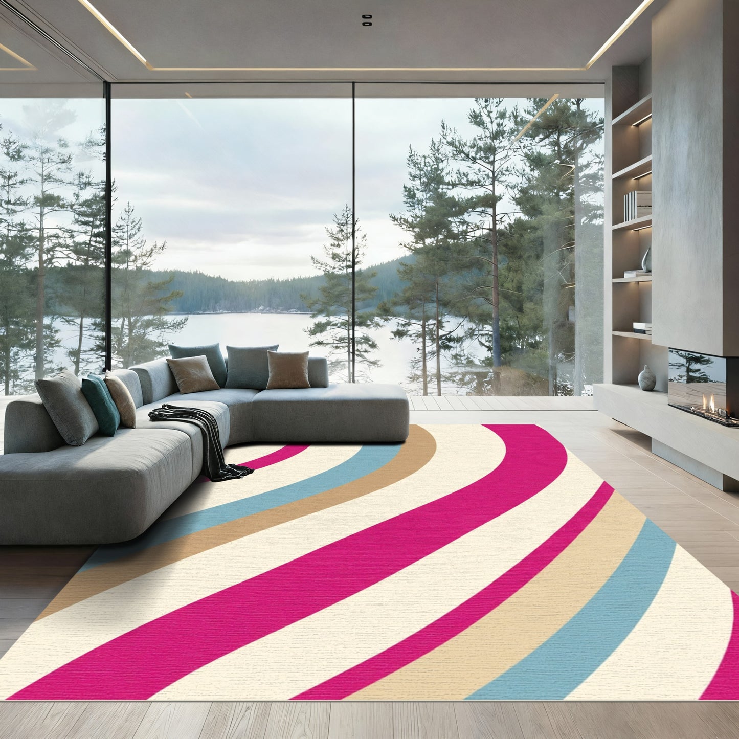Bright Pink Tan Blue Swirl Rug
