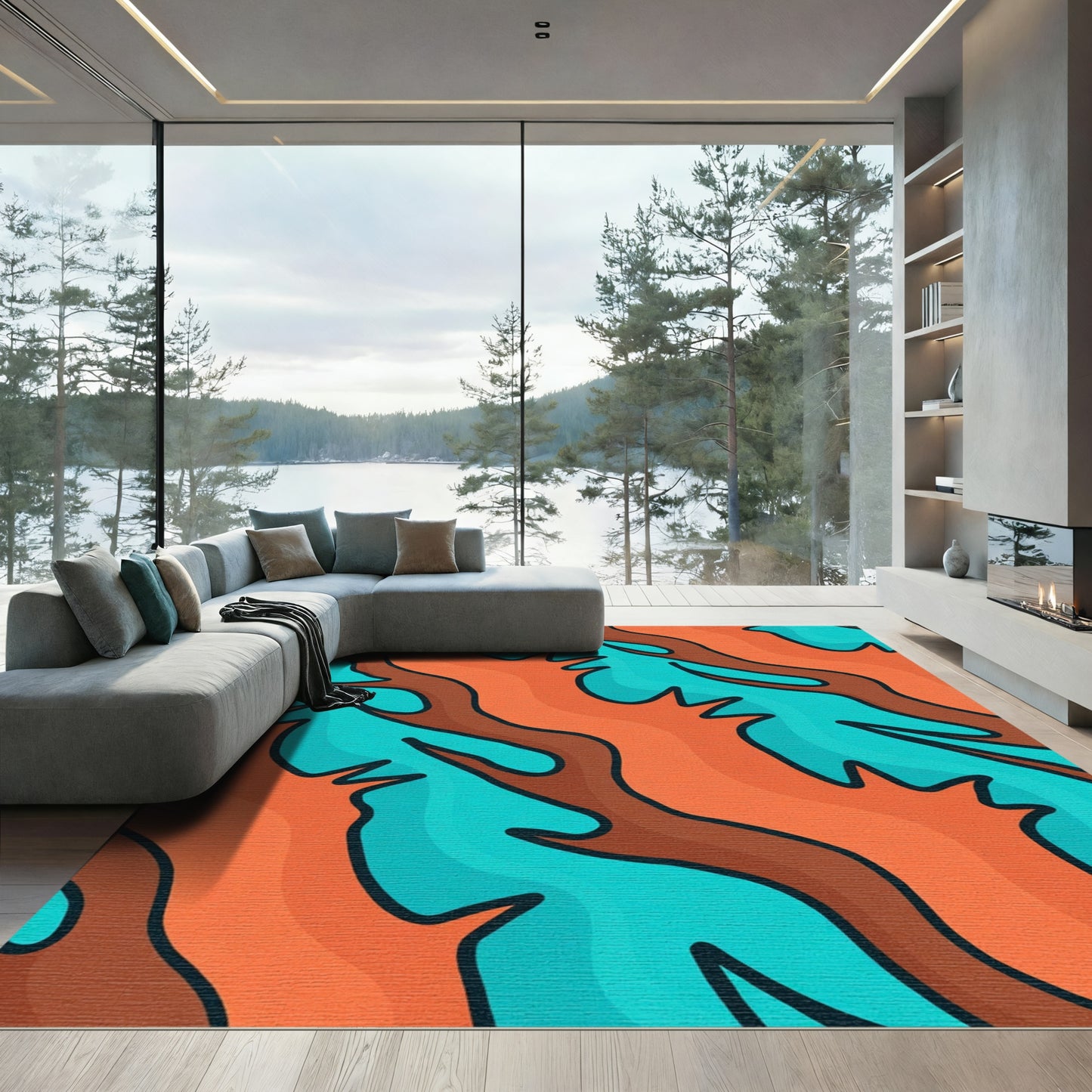 Orange Teal Wavy Organic Flow Rug