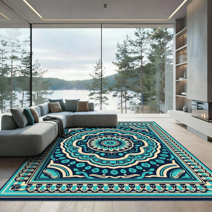 Teal Navy Cream Symmetrical Mandala Rug