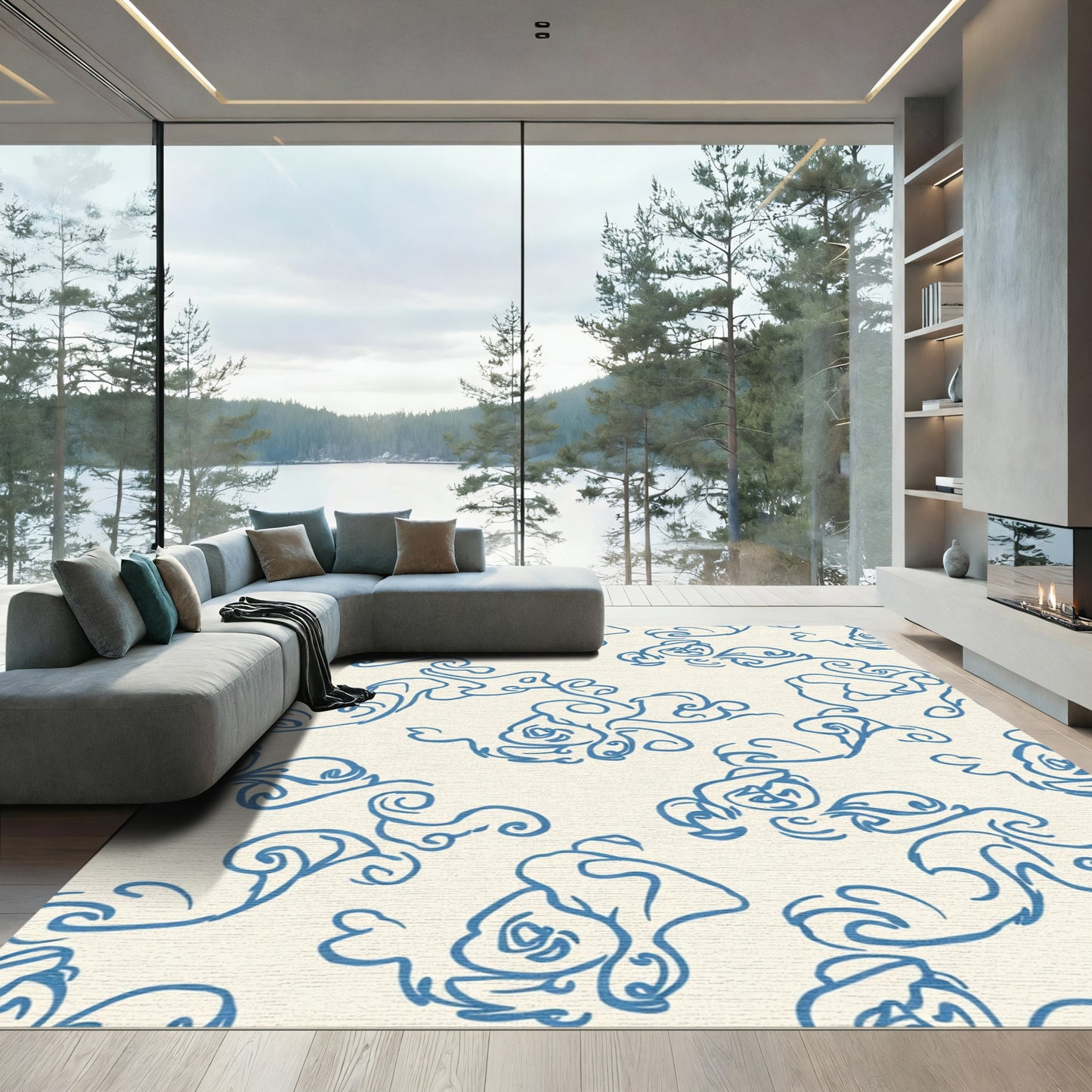 Blue Ink Blossom Swirl Rug