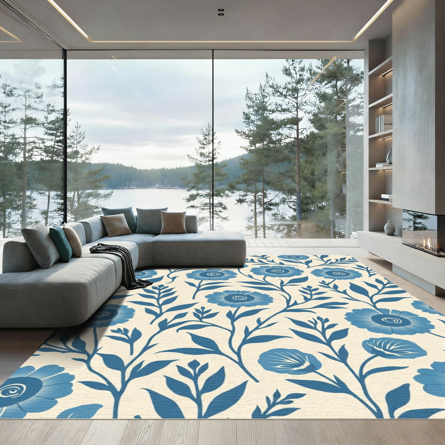 Inky Blue Blossom Botanical Arrangement Rug