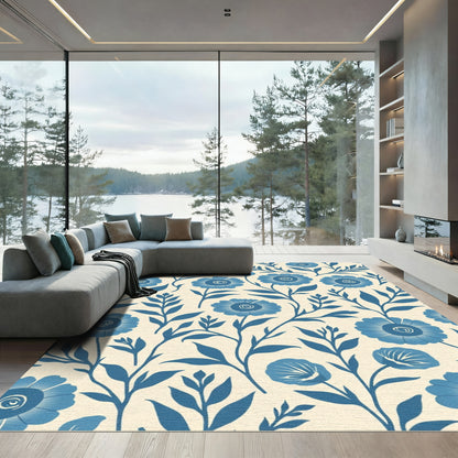 Inky Blue Blossom Botanical Arrangement Rug