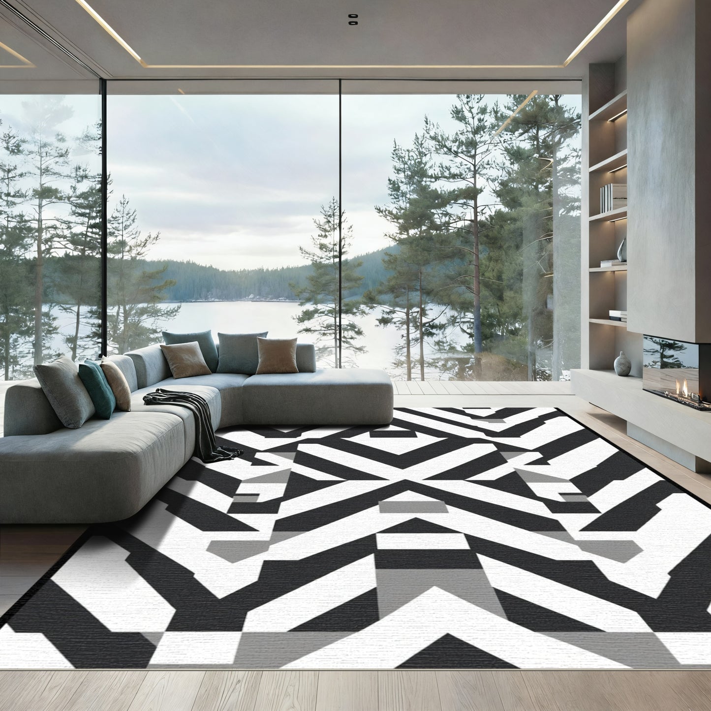 Bold Black White Geometric Chevron Rug