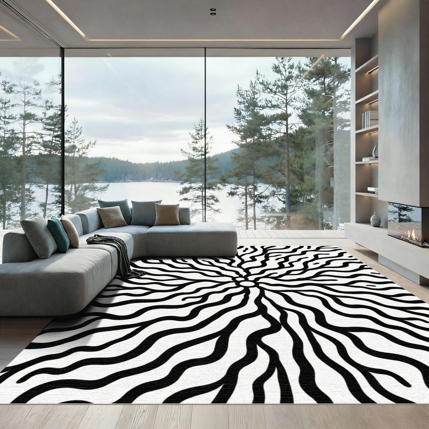 Black White Organic Branching Rug