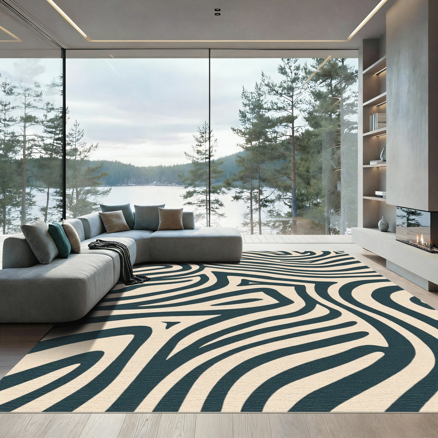Dark Green Curving Stripe Abstract Rug