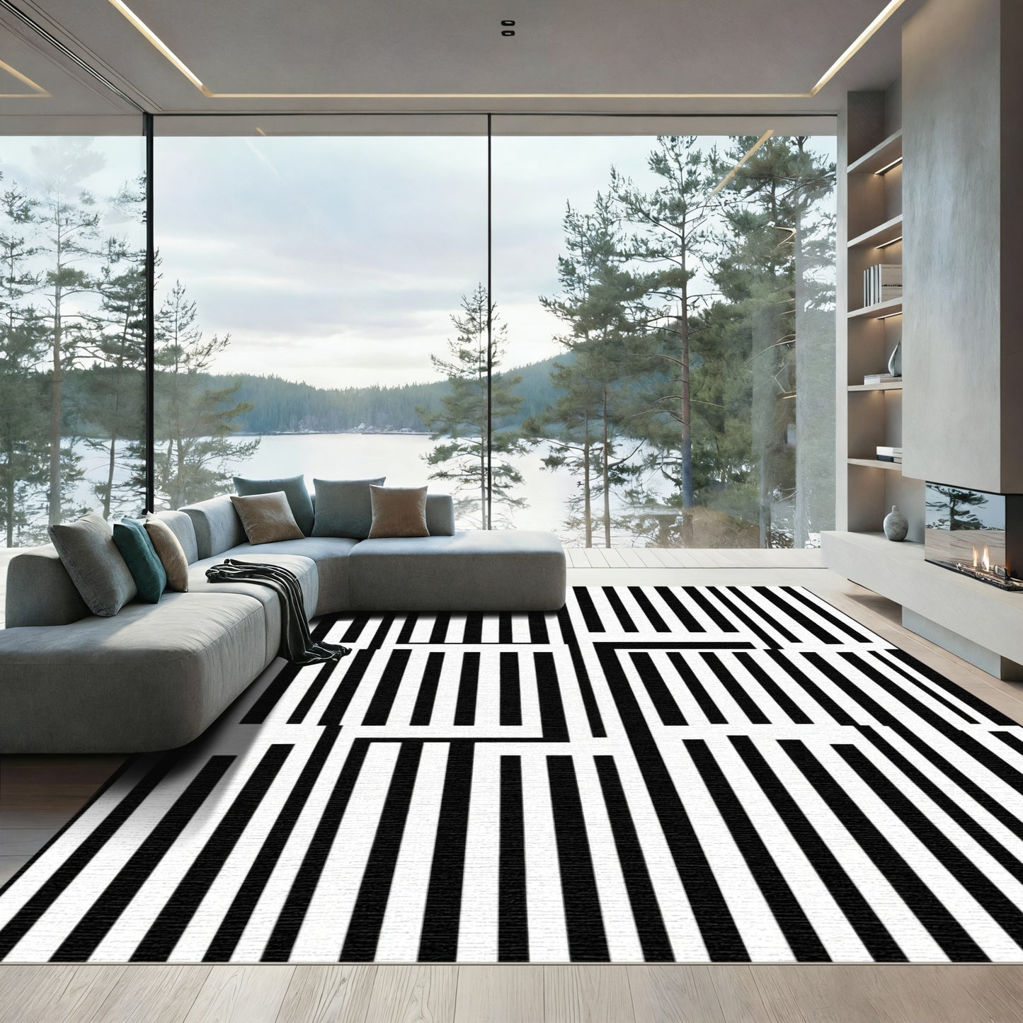 Monochromatic Vertical Stripe Maze Rug