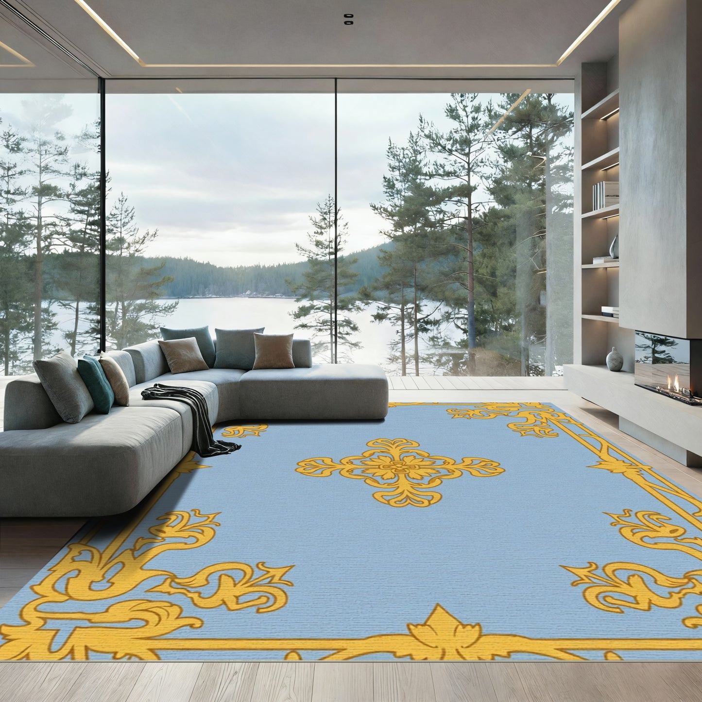 Golden Rococo Scrollwork Medallion Rug